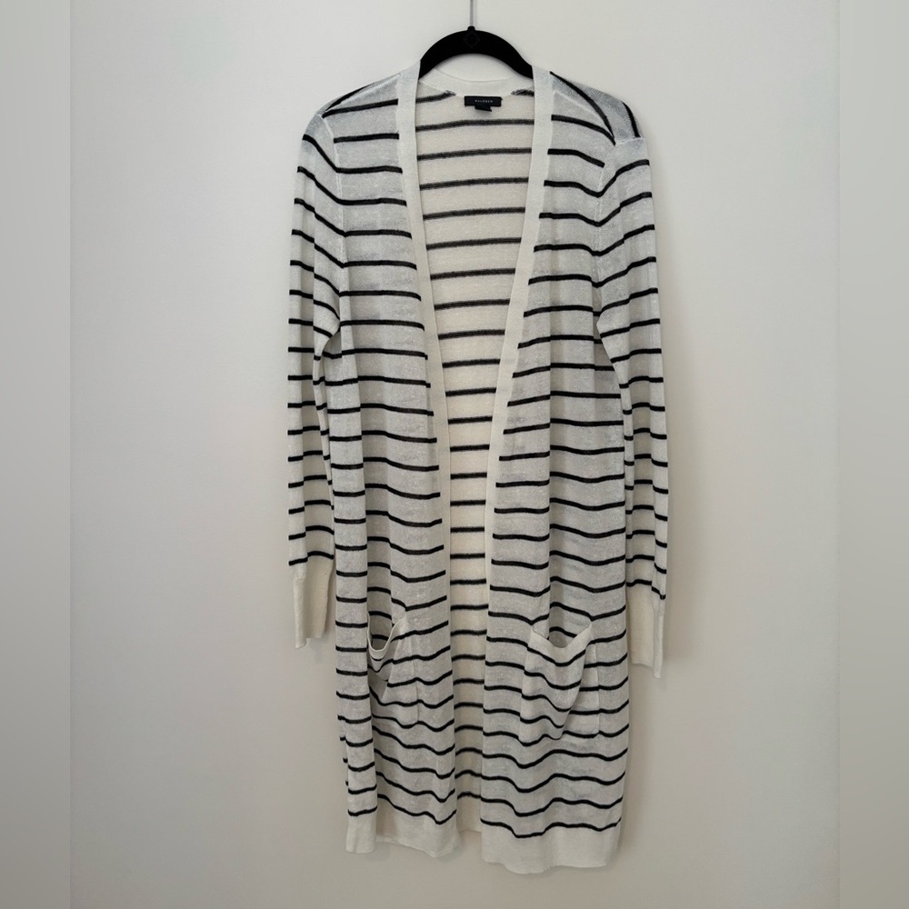 Halogen White and Black Striped Open-Front Longline Cardigan